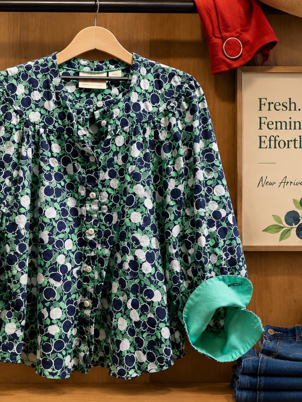 Anthropologie Navy Green White Floral Button-Front Blouse with Mint Lining